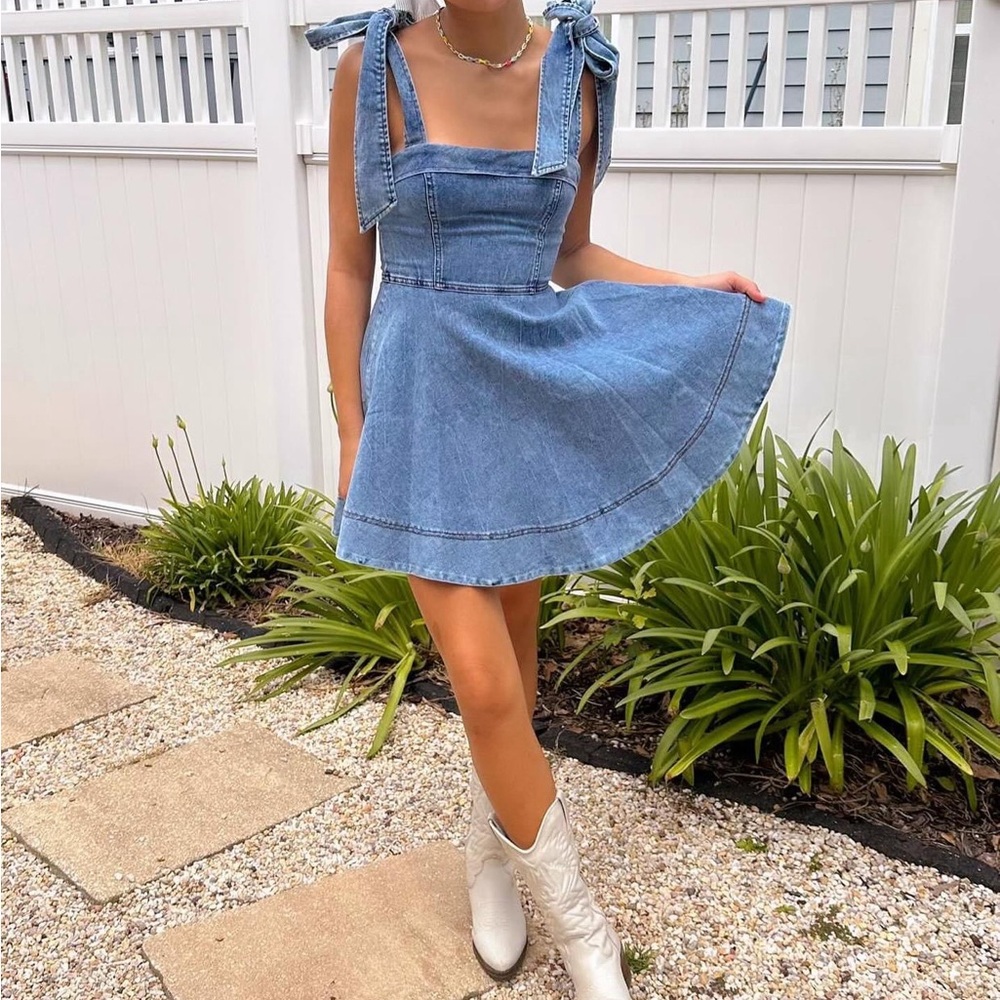 Women's Washed Blue Denim Mini Dress- Casual Everyday Style - Picture 6 of 13